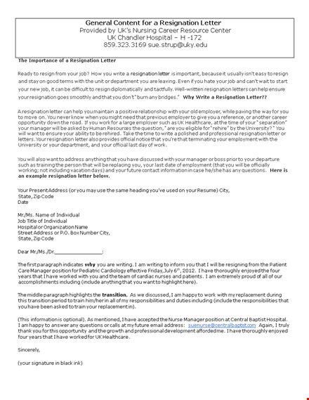 nurse resignation letter format - sample letter for resigning as a nurse template