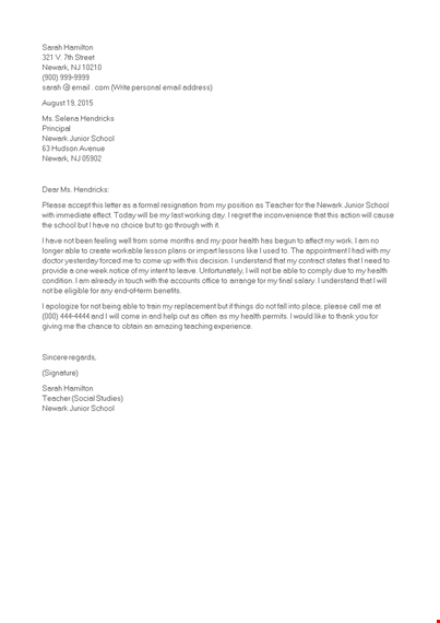 teacher immediate resignation letter template
