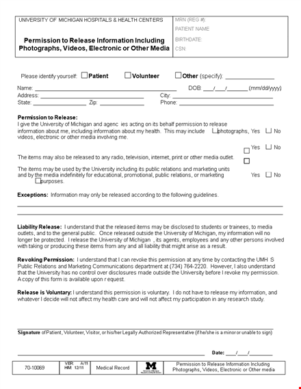 grant media permission with university photo release form template