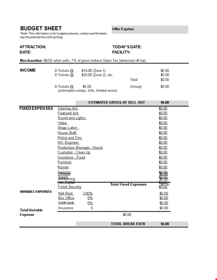 concert production budget template - manage total budget, tickets, and gross revenue template