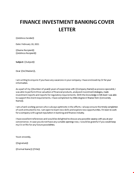 finance investment banking cover letter template