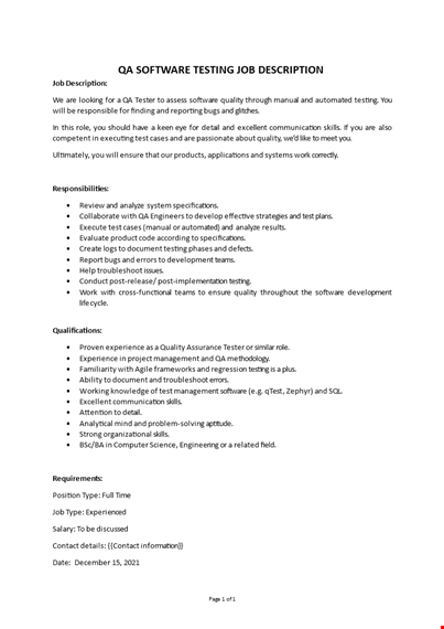 qa software testing job description template