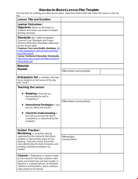 standards based lesson plan template template