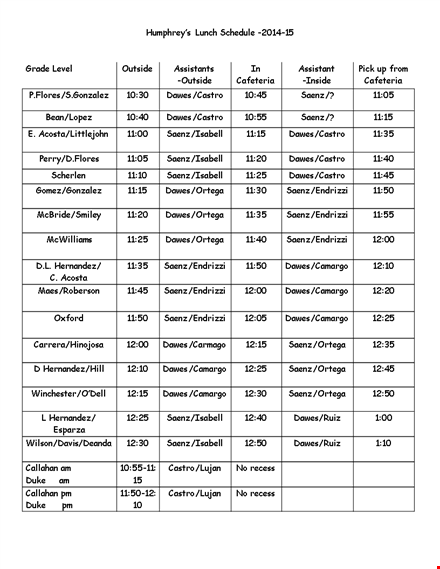 humphrey's lunch schedule template template