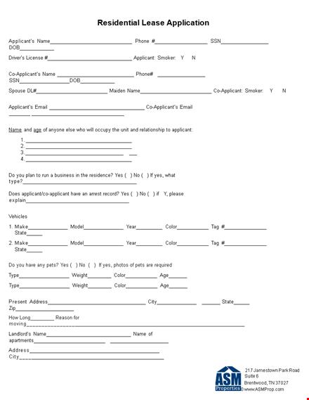 residential lease application form - credit & applicant information | application template