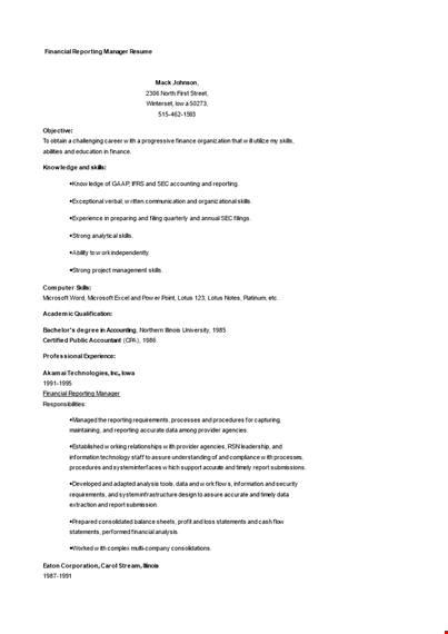 financial reporting manager resume template
