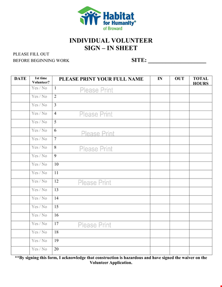 volunteer sign in sheet for individual volunteers template