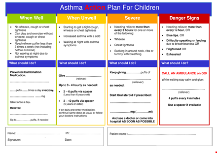paediatric asthma management plan template