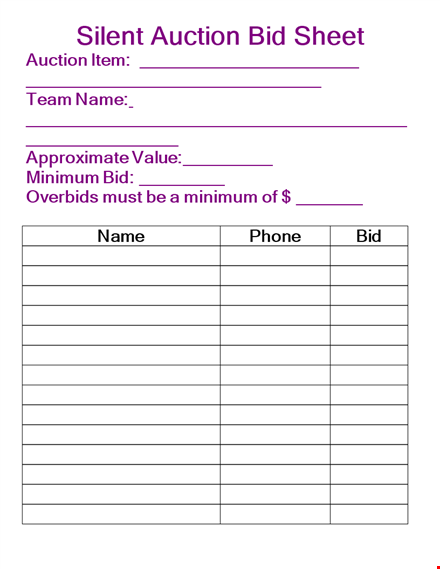 silent auction bid sheet template - record bids with ease template