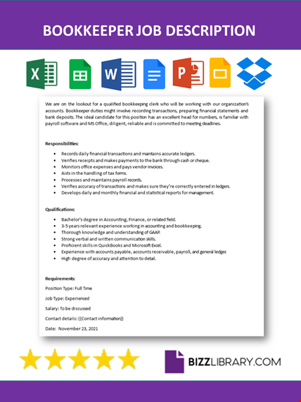 bookkeeper job description template