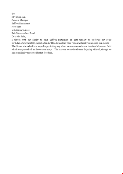 food quality complaint letter template