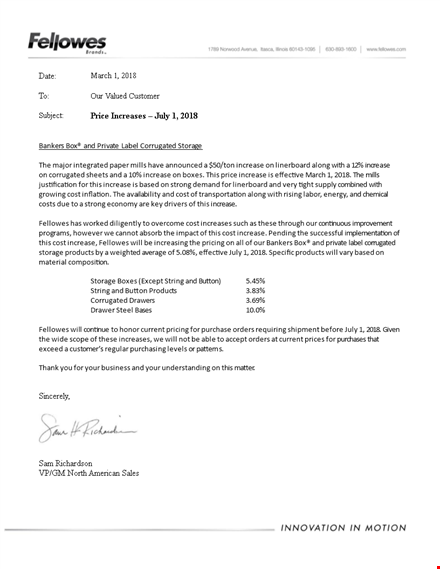 effective immediately: price increase letter for corrugated products template