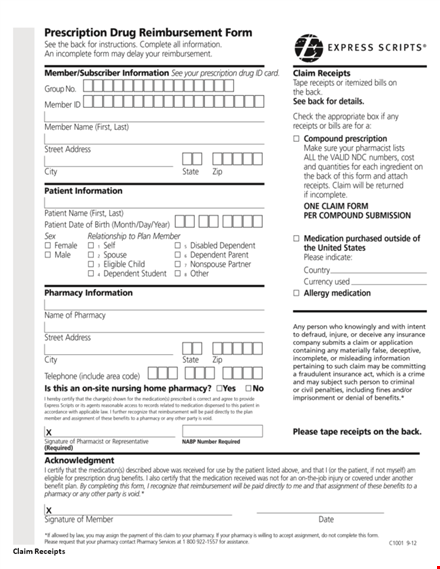 submit your reimbursement claim form | include receipts & prescription numbers template