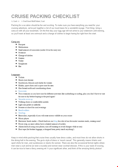 cruise packing checklist template template