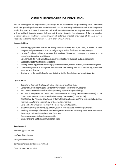 clinical pathologist job description template