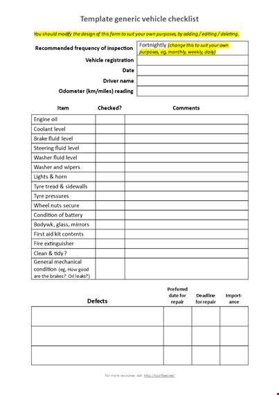 generic vehicle checklist template word template