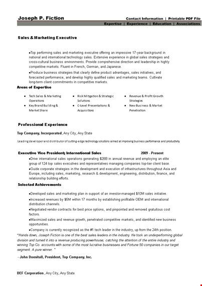marketing sales executive resume - expert in international business development and sales template