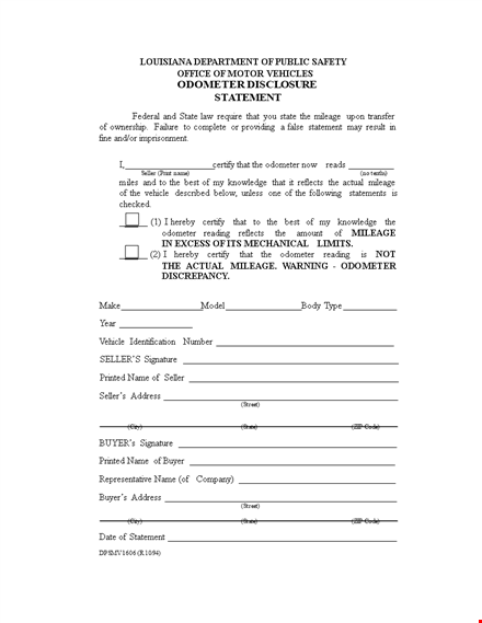 odometer disclosure statement | state seller mileage odometer template