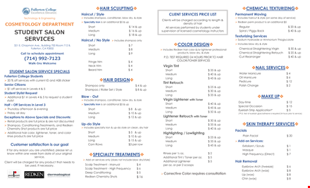 student salon menu: affordable prices, specials & services for short and medium style template