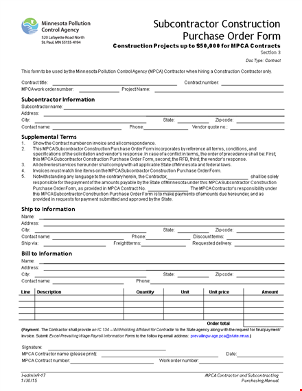 subcontractor construction purchase order form template