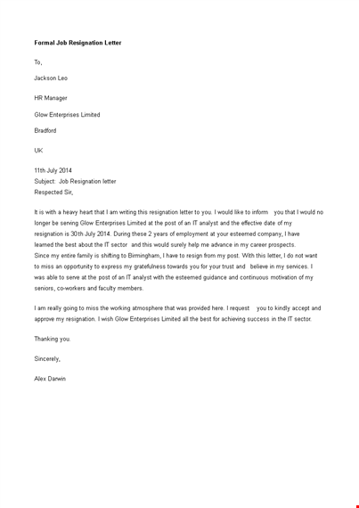 resignation letter template - formal job resignation for limited enterprises template