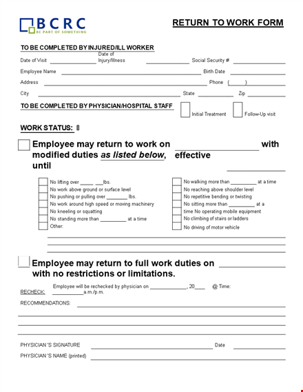 return to work form for employees | physician recommended template