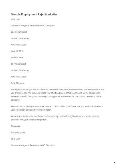 sample employment rejection letter for [company] [position] template