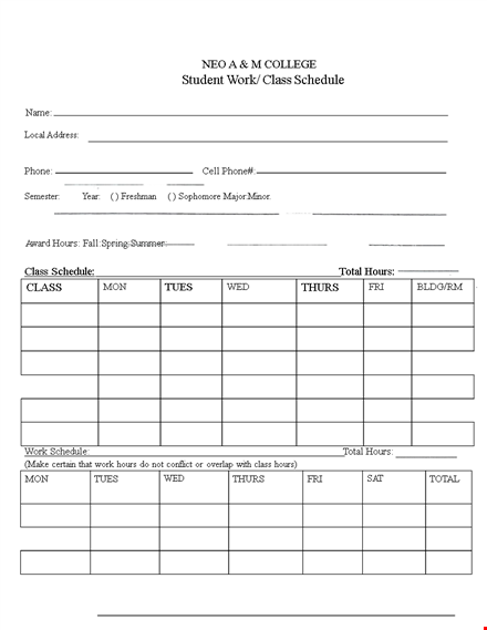college student class schedule template template
