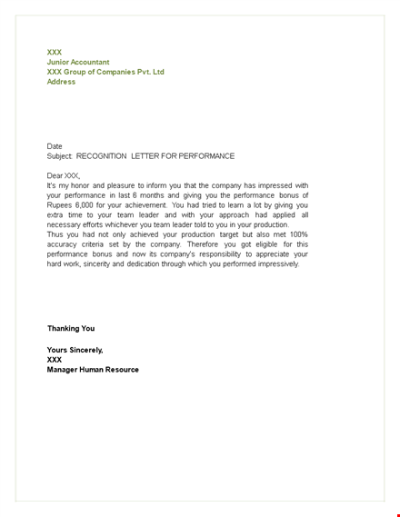 giving recognition letter - company performance & appreciation template