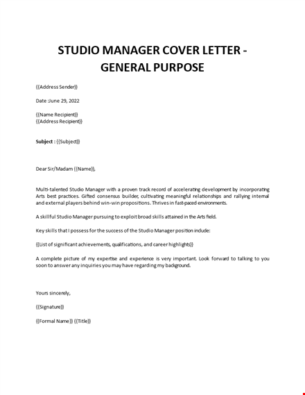 studio manager cover letter template