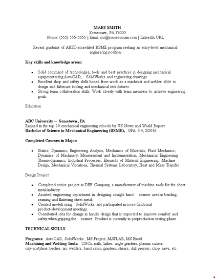 entry level mechanical engineering resume - engineering skills, mechanical tools template