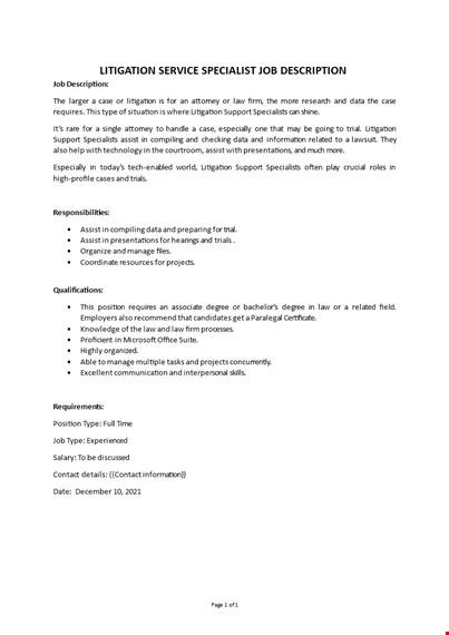 litigation support specialist job description template