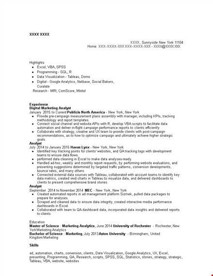 digital marketing analyst resume template