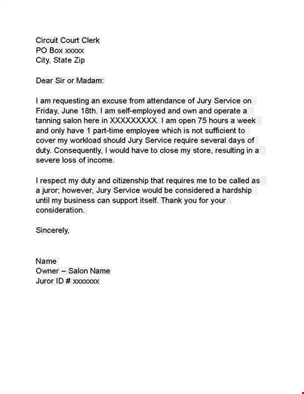 excuse from jury duty template | professional service juror salon template