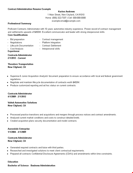 contract administration resume example template