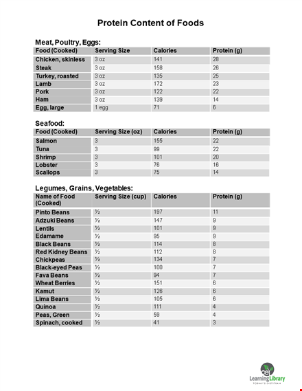 protein food calorie chart template