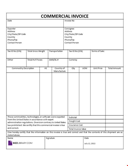 commercial invoice sample template template