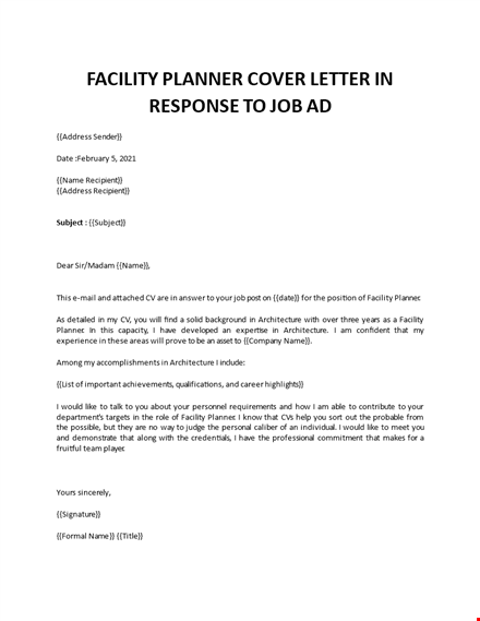 facility planner cover letter in response to job ad template