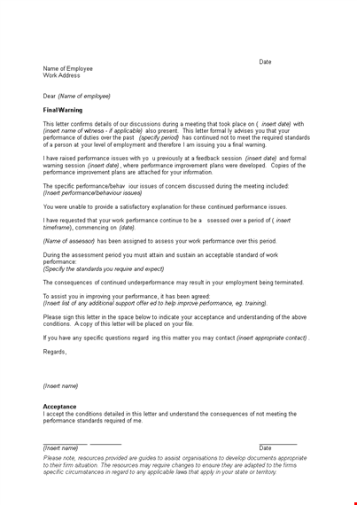 job performance warning letter template template
