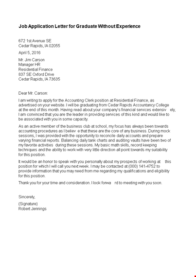 job application letter for graduate without experience | position in cedar rapids template