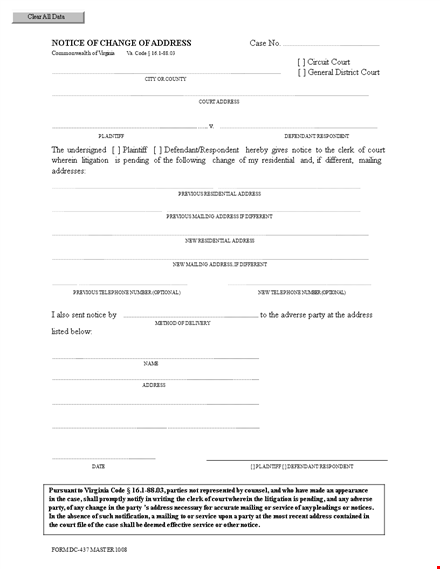 change of address letter - official notice for court party mailing template