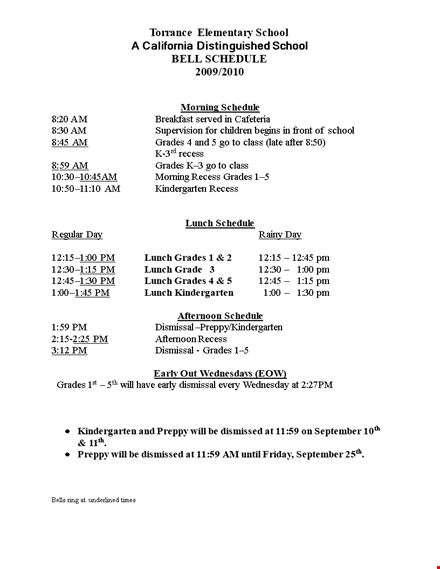elementary school lunch schedule template template