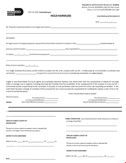 free hold harmless agreement template for property owners & permits in miami template