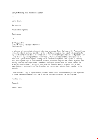 sample nursing aide job application letter template