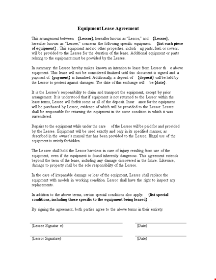 equipment lease agreement - lease equipment from lessor as a lessee template