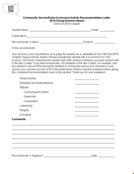 community service letter of recommendation template