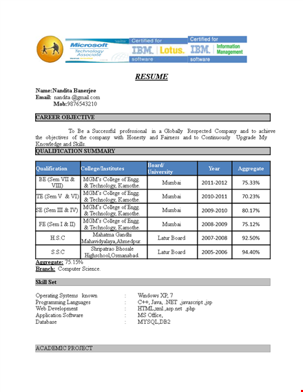 freshers resume format in word template