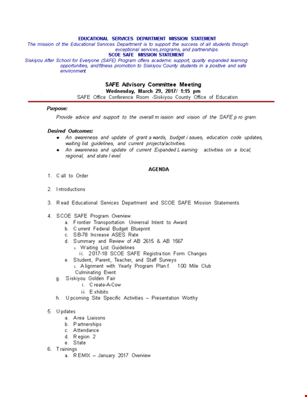 safe advisory meeting agenda template