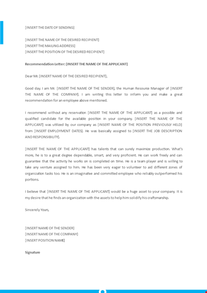 recommendation letter template for position at company - applicant name template