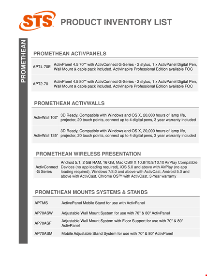 product inventory list template for digital businesses - activpanel mount and promethean integration template